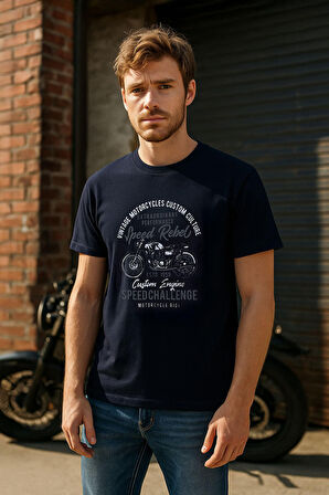 Erkek %100 Pamuk Bisiklet Yaka Motor Baskılı T-shirt