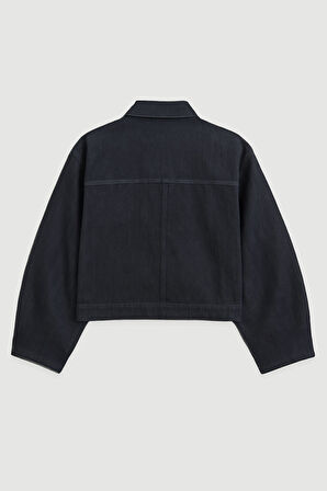 Kadın Cepli Oversize Lacivert Denim Ceket Gömlek