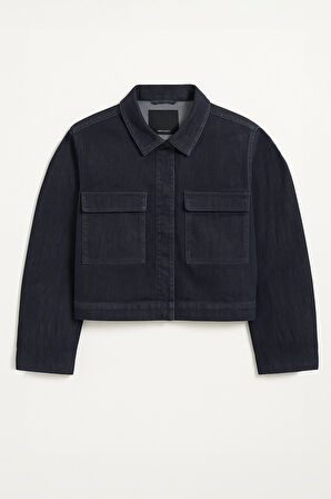 Kadın Cepli Oversize Lacivert Denim Ceket Gömlek