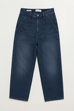 Kadın Normal Bel Barrel Fit Likralı Mavi Jean Pantolon