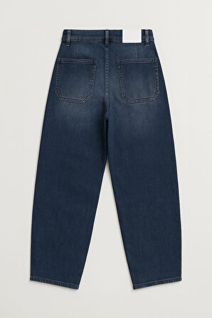 Kadın Normal Bel Barrel Fit Likralı Mavi Jean Pantolon