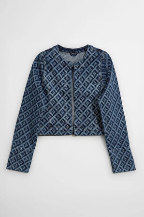 Kadın Modern Desenli Önü Açık Jean Ceket