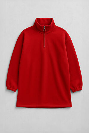 Kadın Yarım Fermuar İçi Polarlı Kırmızı Sweat Elbise