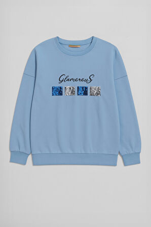 Kadın Bisiklet Yaka Pul Detaylı Mavi Sweatshirt