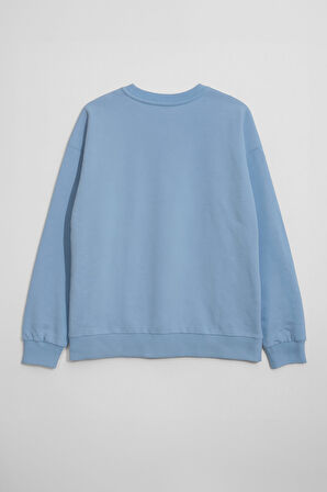 Kadın Bisiklet Yaka Pul Detaylı Mavi Sweatshirt