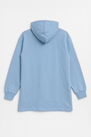Kadın Kapüşonlu Cepli Mavi Tunik Sweatshirt
