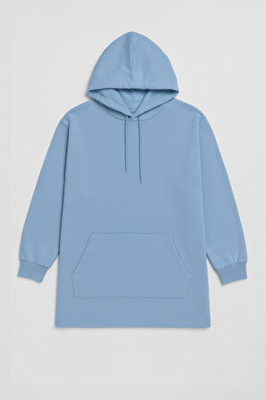Kadın Kapüşonlu Cepli Mavi Tunik Sweatshirt