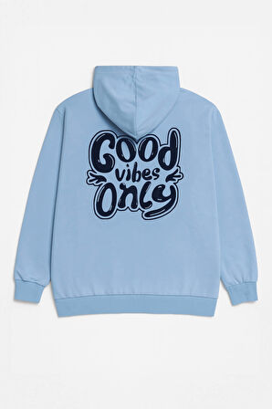 Kadın Kapüşonlu Cepli Yazı Baskılı Mavi Sweatshirt