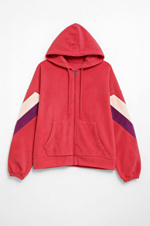 Kadın Fermuarlı Kapüşonlu Cepli Mercan Polar Sweatshirt