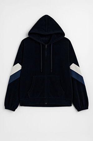 Kadın Fermuarlı Kapüşonlu Cepli Lacivert Polar Sweatshirt