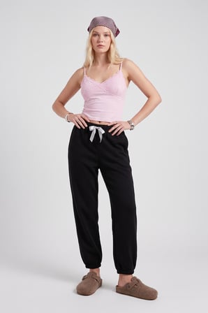 Kadın Paçası Lastikli Siyah Polar Pijama Altı