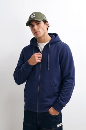 Erkek Fermuarlı Kapüşonlu Cepli İndigo Sweatshirt