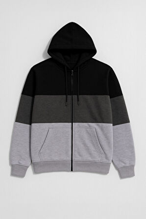 Erkek Fermuarlı Kapüşonlu Cepli İçi Polarlı Parçalı Sweatshirt