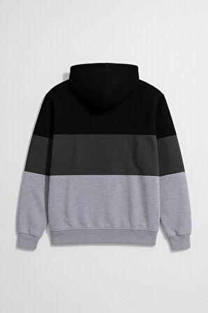Erkek Fermuarlı Kapüşonlu Cepli İçi Polarlı Parçalı Sweatshirt