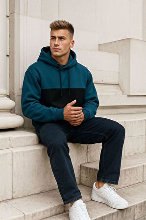 Erkek Kapüşonlu Cepli İçi Polarlı Parçalı Petrol Sweatshirt