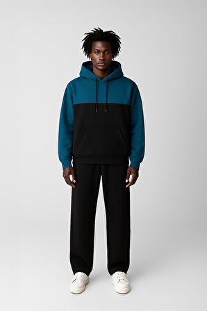 Erkek Kapüşonlu Cepli İçi Polarlı Parçalı Petrol Sweatshirt