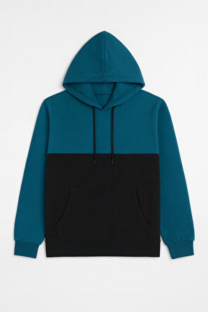 Erkek Kapüşonlu Cepli İçi Polarlı Parçalı Petrol Sweatshirt
