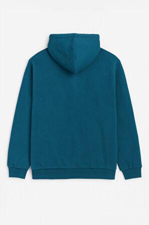 Erkek Kapüşonlu Cepli İçi Polarlı Parçalı Petrol Sweatshirt