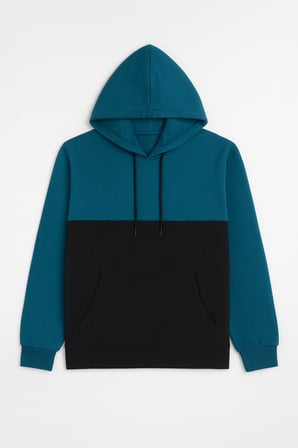 Erkek Kapüşonlu Cepli İçi Polarlı Parçalı Petrol Sweatshirt