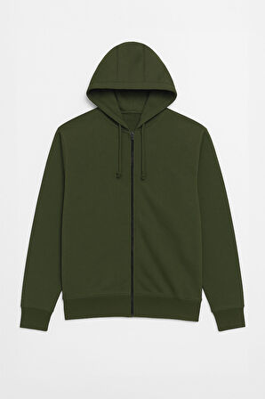 Erkek Fermuarlı Kapüşonlu İçi Polarlı Haki Sweatshirt