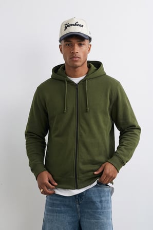 Erkek Fermuarlı Kapüşonlu İçi Polarlı Haki Sweatshirt