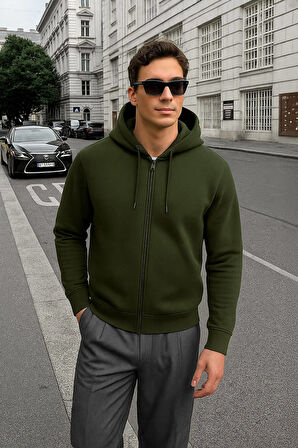 Erkek Fermuarlı Kapüşonlu İçi Polarlı Haki Sweatshirt