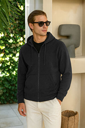 Erkek Fermuarlı Kapüşonlu Cepli Füme Sweatshirt