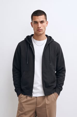 Erkek Fermuarlı Kapüşonlu Cepli Füme Sweatshirt