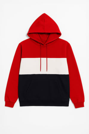 Erkek Kapüşonlu Cepli İçi Polarlı Parçalı Kırmızı Sweatshirt