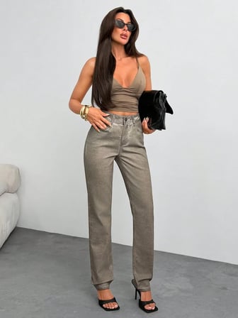 Kadın Yüksek Bel Parlak Mum Kumaş Straight Fit Jean Pantolon