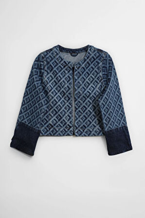 Kadın Modern Desenli Önü Açık Jean Ceket