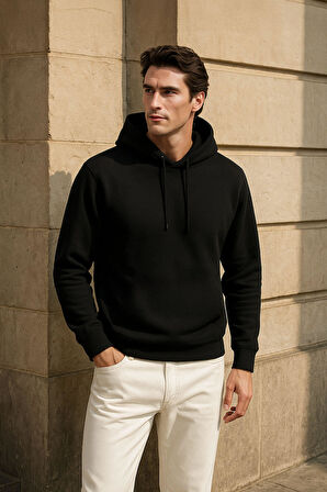Erkek Kapüşonlu İçi Polarlı Siyah Sweatshirt