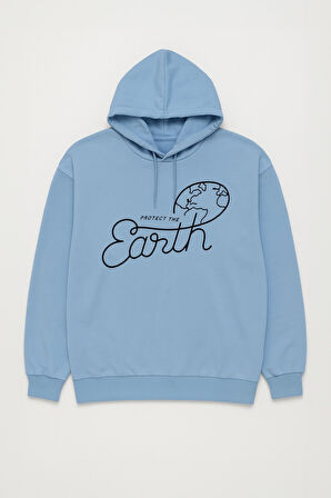 Kadın Kapüşonlu Dünya Baskılı Mavi Sweatshirt