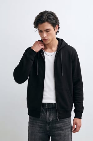 Erkek Fermuarlı Kapüşonlu Cepli Siyah Sweatshirt