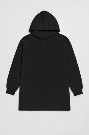 Kadın Kapüşonlu Cepli Siyah Tunik Sweatshirt