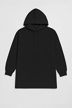 Kadın Kapüşonlu Cepli Siyah Tunik Sweatshirt