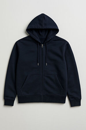 Erkek Fermuarlı Kapüşonlu Cepli Lacivert Sweatshirt