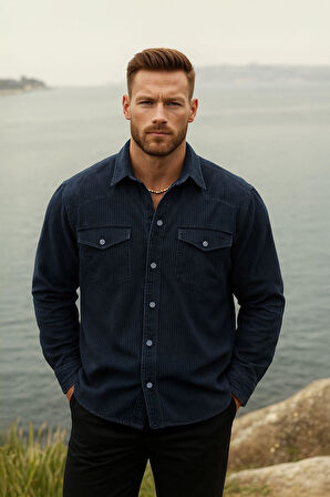 Erkek Rahat Kesim Esnek Lacivert Jean Gömlek