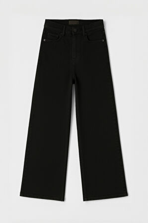 Kadın Yüksek Bel Likralı Wide Leg Siyah Jean Pantolon