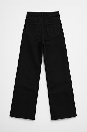 Kadın Yüksek Bel Likralı Wide Leg Siyah Jean Pantolon