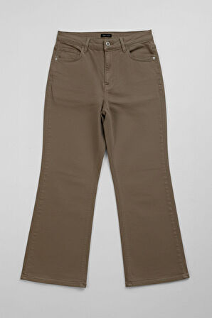 Kadın Yüksek Bel Likralı Wide Leg Haki Jean Pantolon