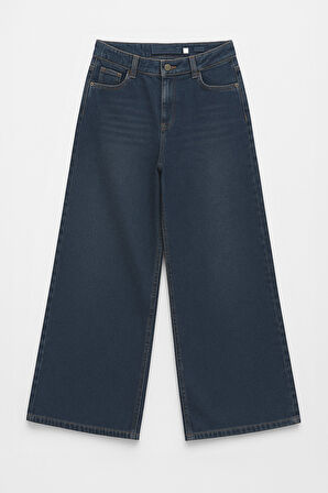 Kadın Koyu İndigo Yüksek Bel Palazzo Jean Pantolon