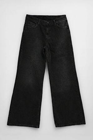 Kadın Antrasit Yüksek Bel Wide Leg Jean Pantolon