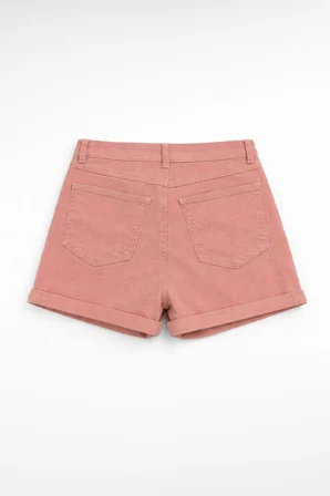 Kadın Yüksek Bel Paçası Katlı Pembe Mom Jean Şort
