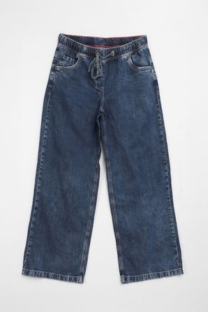 Kadın Yüksek Bel Bağcıklı Wide Leg Mavi Jean Pantolon