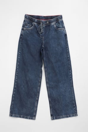 Kadın Yüksek Bel Bağcıklı Wide Leg Mavi Jean Pantolon