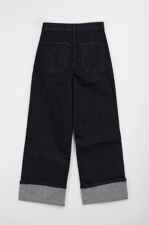 Kadın Yüksek Bel Wide Leg Paçası Katlamalı Lacivert Jean Pantolon