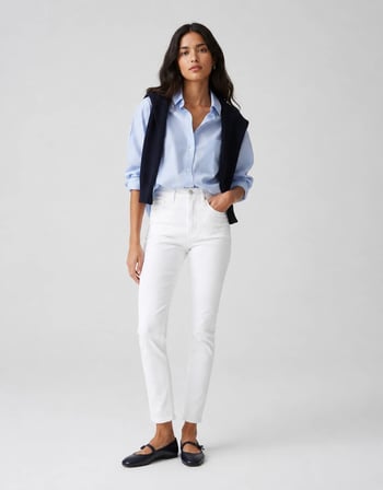 Kadın Yüksek Bel Slim Fit Dar Paça Beyaz Jean Pantolon