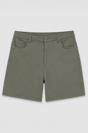 Kadın Yüksek Bel Haki Regular Fit Likralı Jean Şort
