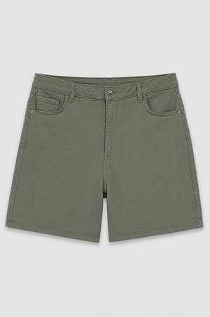 Kadın Yüksek Bel Haki Regular Fit Likralı Jean Şort